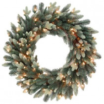 30 in. Copenhagen Blue Spruce Artificial Wreath with 9 Flocked Cones and 100 Clear Lights