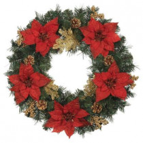 24 in. Unlit Poinsettia and Gold Berry Artificial Wreath (Pack of 6)