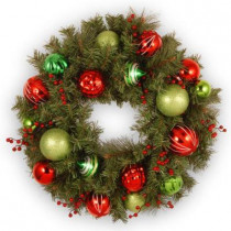 24 in. Unlit Red and Green Ornament Artificial Wreath