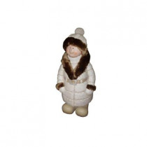 28 in. Boy with White/Brown Coat and Hat Standing Statuary