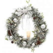 36 in. Battery Operated Snowy Silver Pine Artificial Wreath with 40 Clear LED Lights and LED Candle