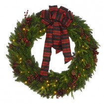 48 in. Battery Operated Elegant Plaid Artificial Wreath with 50 Clear Multi-Function LED Lights