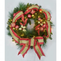 30 in. Pre-Lit Artificial Wreath with Red Jeweled Ribbon