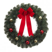 26 in. Noble Pine Artificial Wreath with Ornaments and Red Bow (Pack of 6)